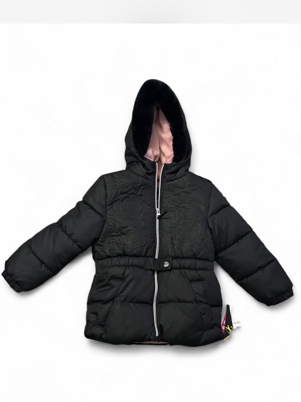 Girls Black Puffer Coat with Hood - Pink Lining